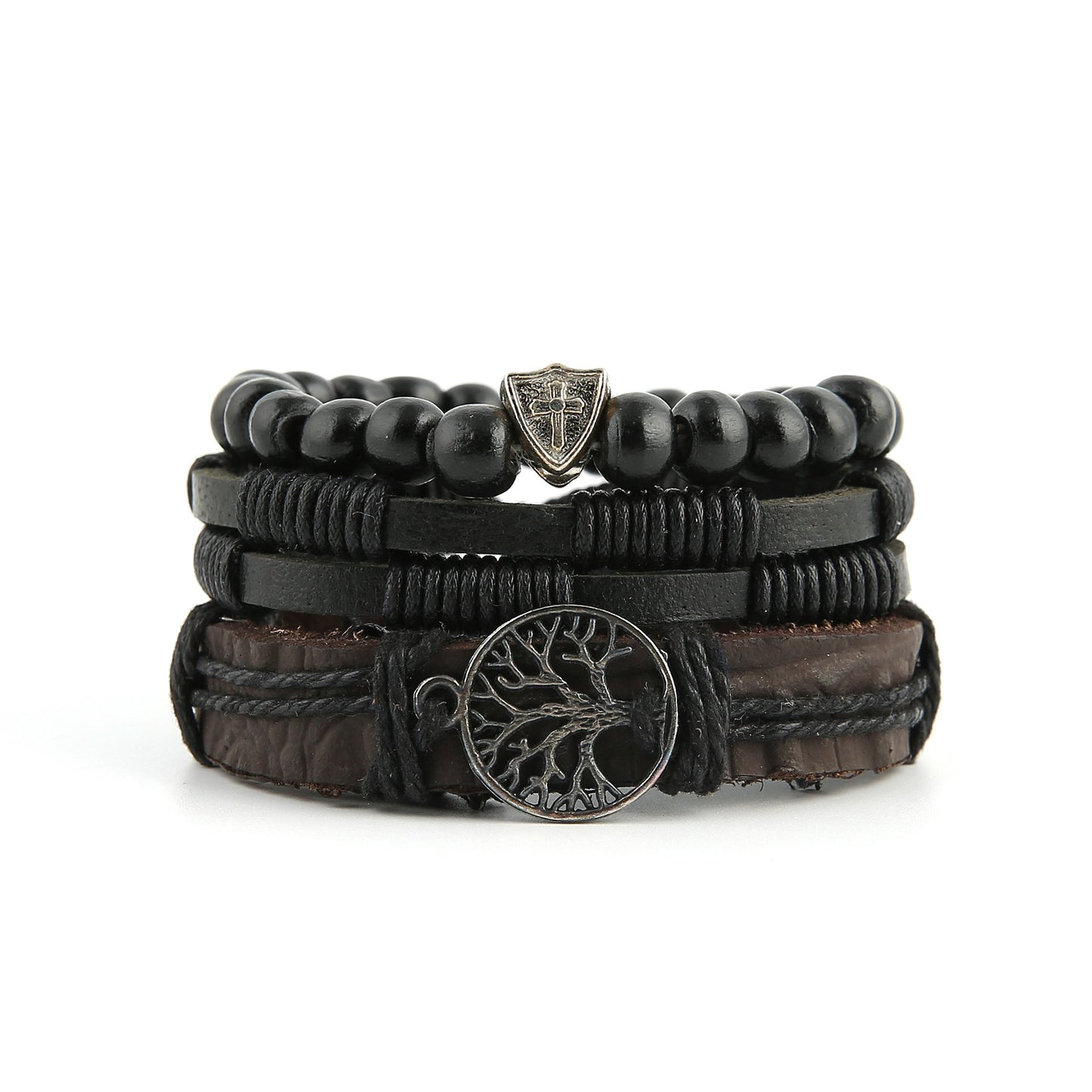 2pcs/set  Genuine Leather Tree of life Bracelets Men Women, Tiger Eye Natural Stone Lava Rock Beads Ethnic Tribal Elastic Bracelets Wristbands