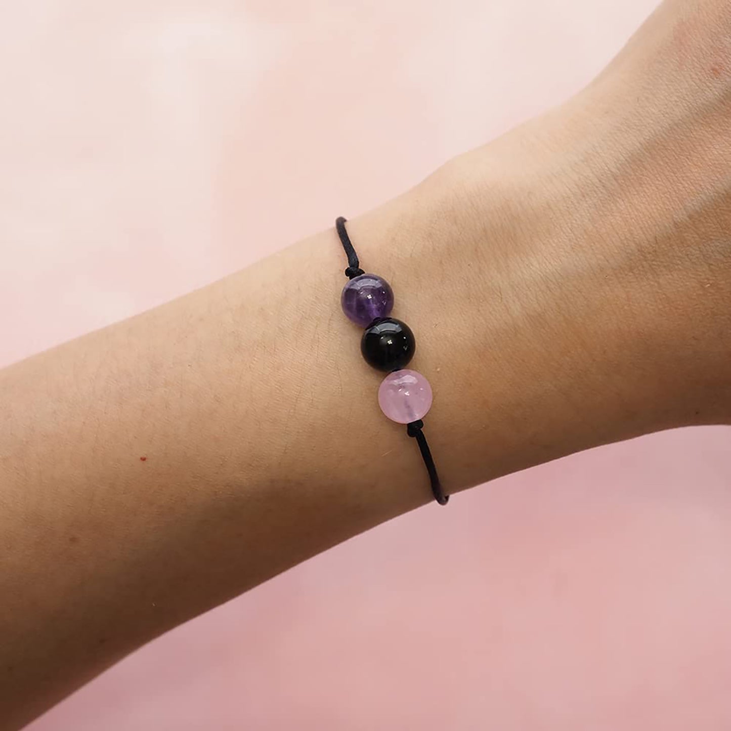 Healing Bead Bracelets - Spiritual Crystal Beaded Bracelet - Made of 3 Real & Natural Gemstones, Adjustable 3-9.7” Black Rope - Gem Stones Jewelry for Men, Women, Teens (13+) - 8mm Bead