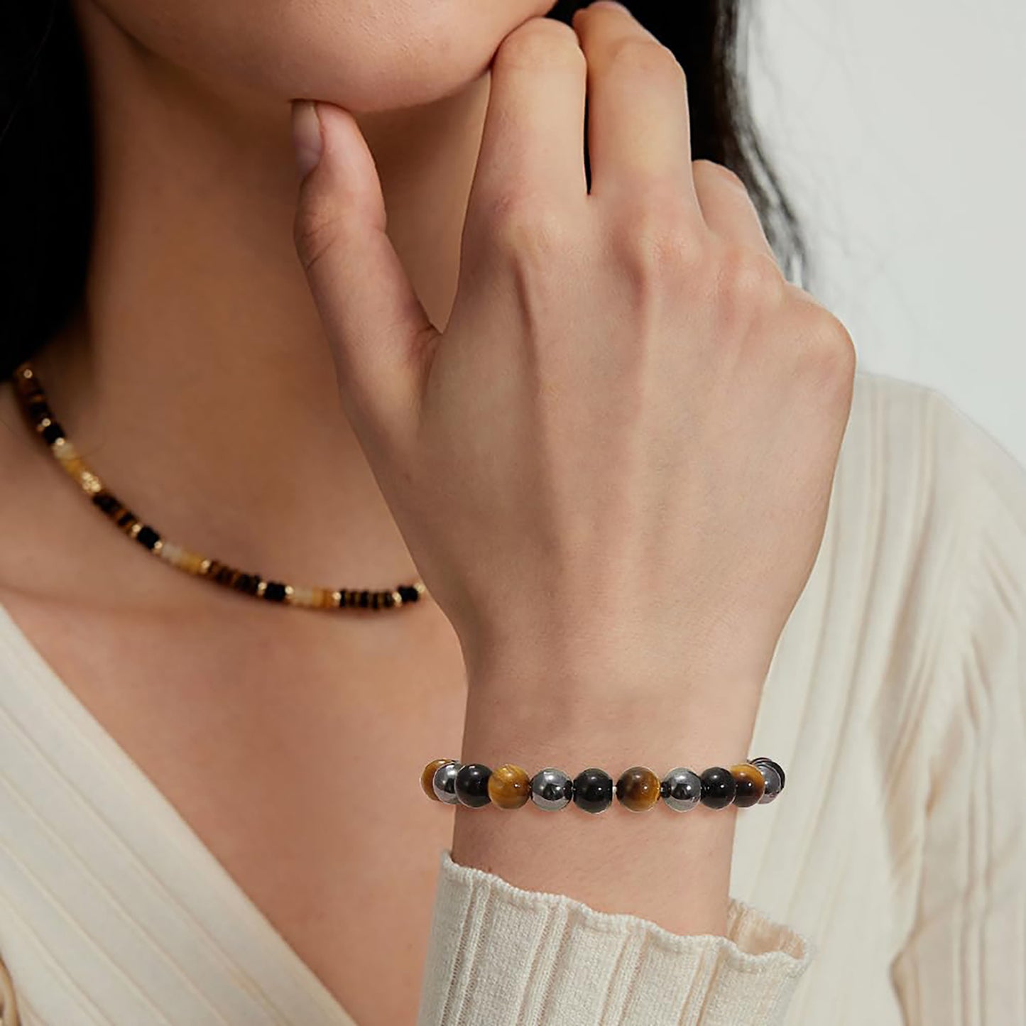 9PCS Natural Crystal Bracelets for Women Men - 8mm Semi-Precious Gemstone Beaded Bracelets, Round Gemstones Stretch Bracelet, Yoga Bracelets Jewelry