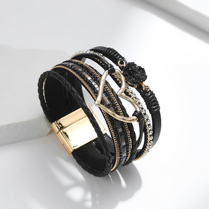 Leopard Bracelet for Women, Boho Leather Wrap Multi-Layer Pearl Crystal Bracelet Bangle Jewelry