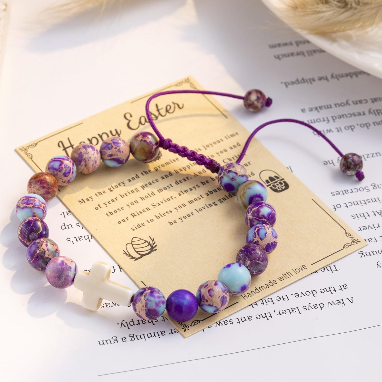 Easter Basket Stuffers for Girls, Cross Charm Bracelet Easter Gifts for Womens Natural Stone Beaded Bracelet Christian Gifts for Girls Inspirational Jewelry