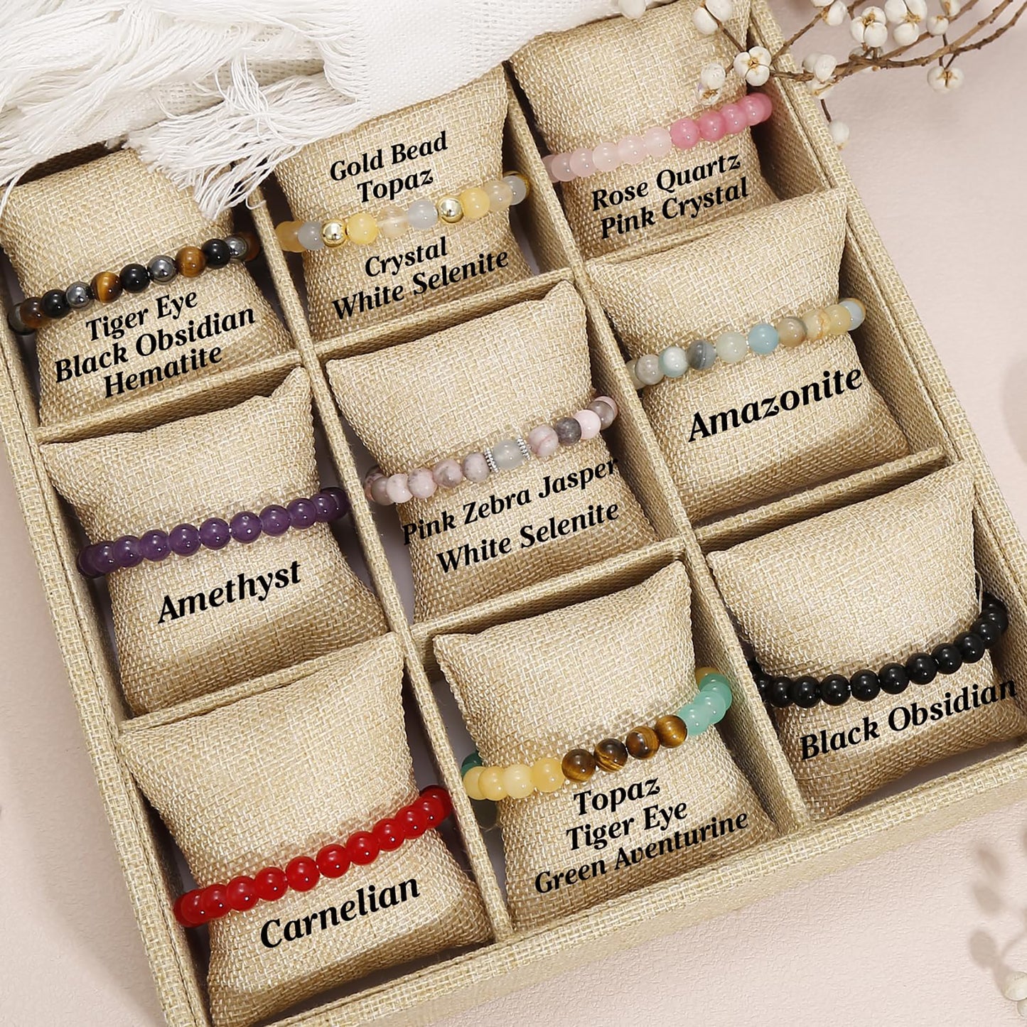 9PCS Natural Crystal Bracelets for Women Men - 8mm Semi-Precious Gemstone Beaded Bracelets, Round Gemstones Stretch Bracelet, Yoga Bracelets Jewelry