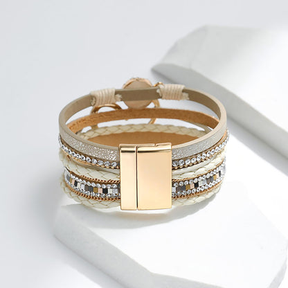 Leopard Bracelet for Women, Boho Leather Wrap Multi-Layer Pearl Crystal Bracelet Bangle Jewelry