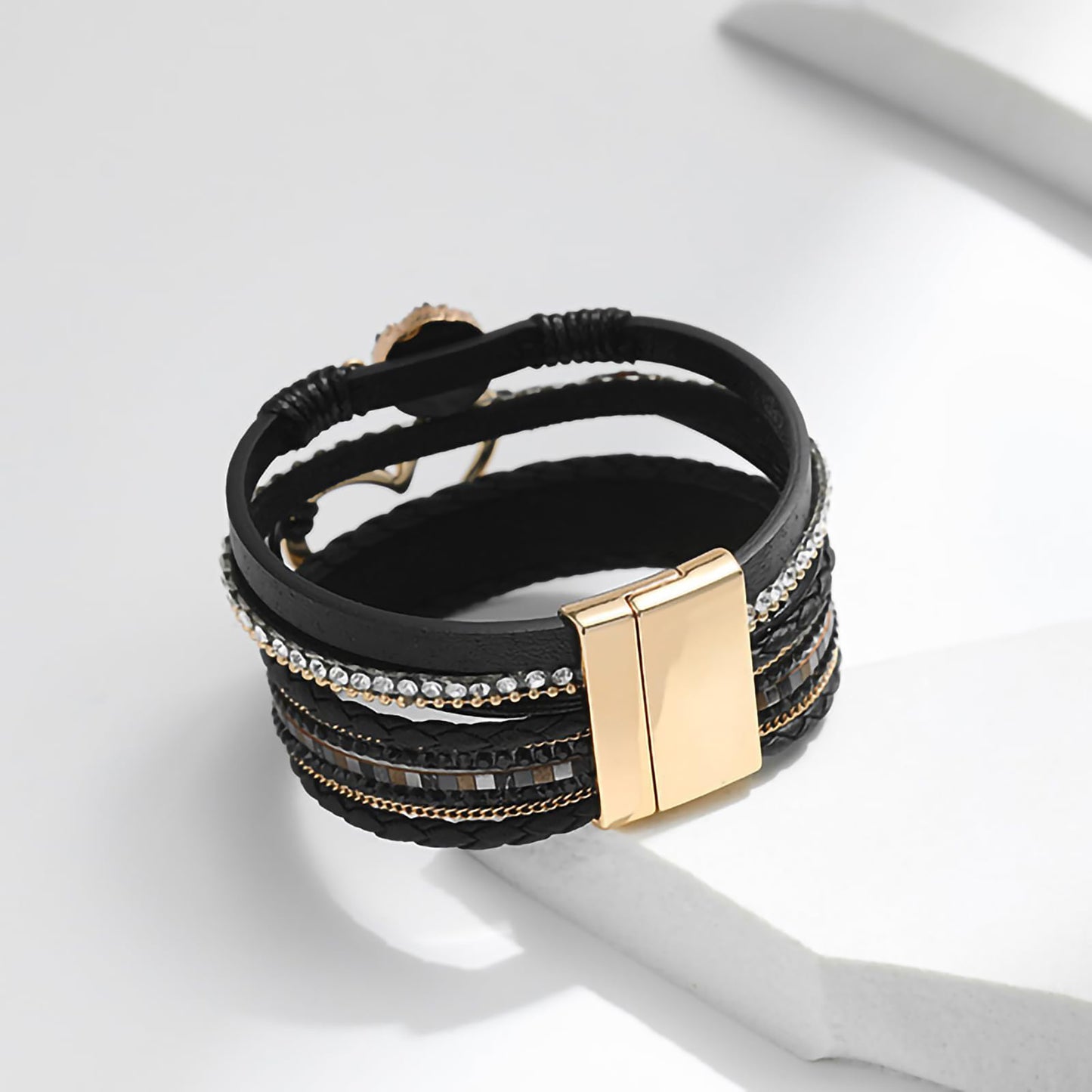 Leopard Bracelet for Women, Boho Leather Wrap Multi-Layer Pearl Crystal Bracelet Bangle Jewelry