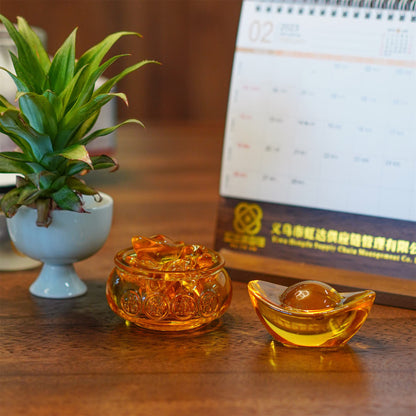 3'' Handmade Crystal Glass Golden Treasure Basin with 41pcs Ingot/Yuan Bao Good Luck Wealth Prosperity Figurine Collectibles Feng Shui Decor for Home Office
