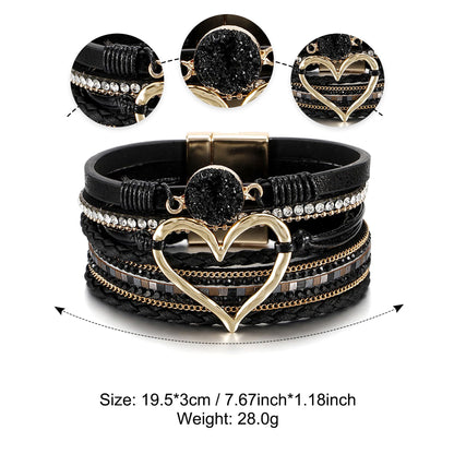 Leopard Bracelet for Women, Boho Leather Wrap Multi-Layer Pearl Crystal Bracelet Bangle Jewelry
