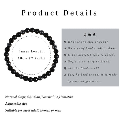 Black Onyx Tourmaline Bracelet Triple Protection Healing Crystal Bracelet Obsidian Hematite Bracelet For Men And Women
