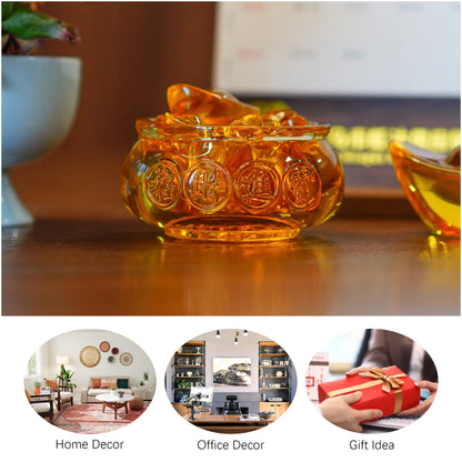 3'' Handmade Crystal Glass Golden Treasure Basin with 41pcs Ingot/Yuan Bao Good Luck Wealth Prosperity Figurine Collectibles Feng Shui Decor for Home Office