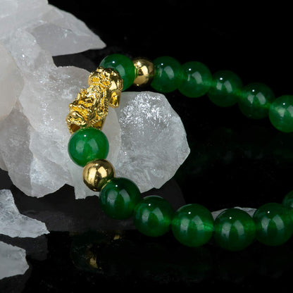 Fengshui Porsperity Jade Bracelet Lucky Charm Feng Shui Black Obsidian Wealth Bracelet Gift for Men Women with Gold Plated Pi Xiu Pi Yao Attract Wealth Good Luck(Green)