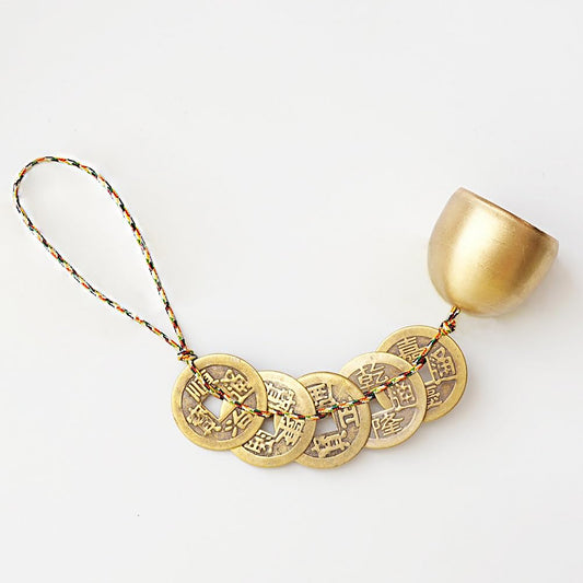 Good Luck Chinese Feng Shui Bell with 5 Coins for Wealth and Healthy Home - Hanging Pendant Wind Chime