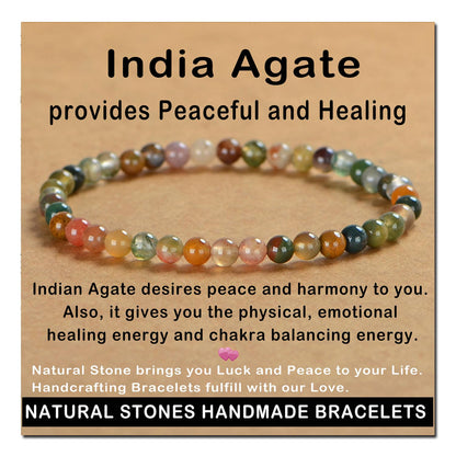 AD Beads Handmade Gemstone Stretch Elastic Bracelet Crystal Healing  Beauty and Spiritual Essence Unisex (4mm, Indian Agate)
