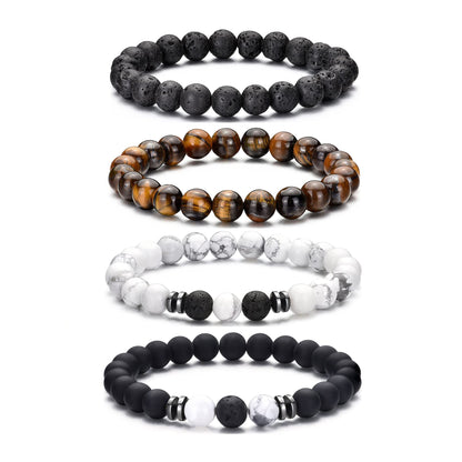 4pcs Tiger Eye Bracelet For Men 8MM Natural Stone Stretch Adjustable Black Crystal Beaded Bracelet for Men Women Gifts