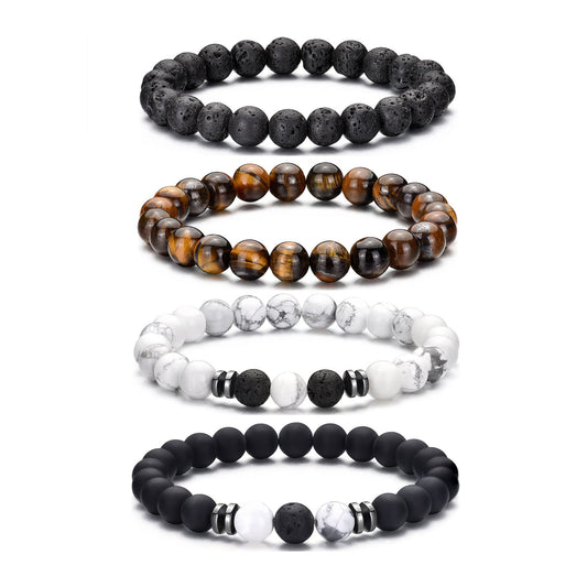 4pcs Tiger Eye Bracelet For Men 8MM Natural Stone Stretch Adjustable Black Crystal Beaded Bracelet for Men Women Gifts