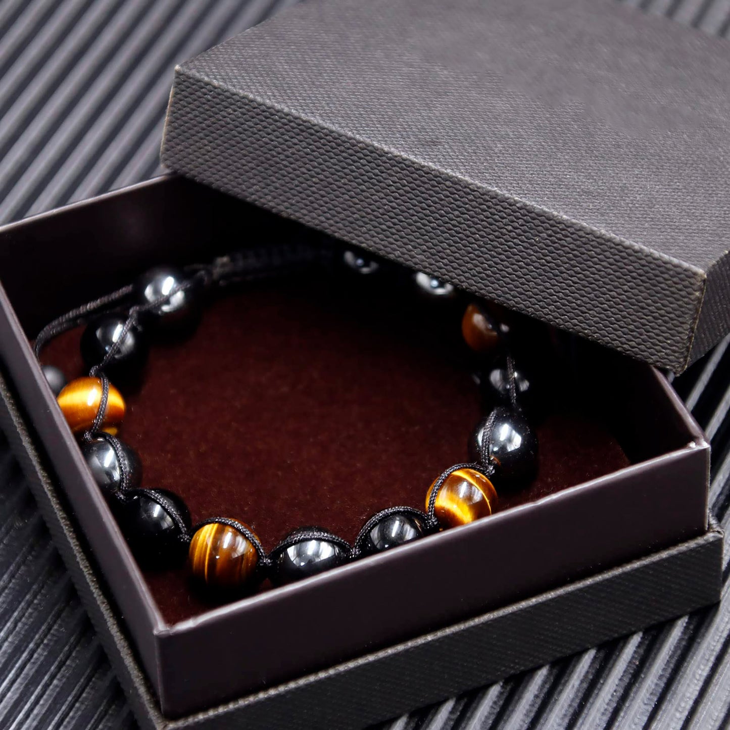 Triple Protection Bracelet for Women Men, 10mm Crystal Beads Bracelet Handmade with Real Tiger Eye Black Obsidian and Hematite, Natural Crystal Bracelet Mens Christmas Gift for Protection and Balance