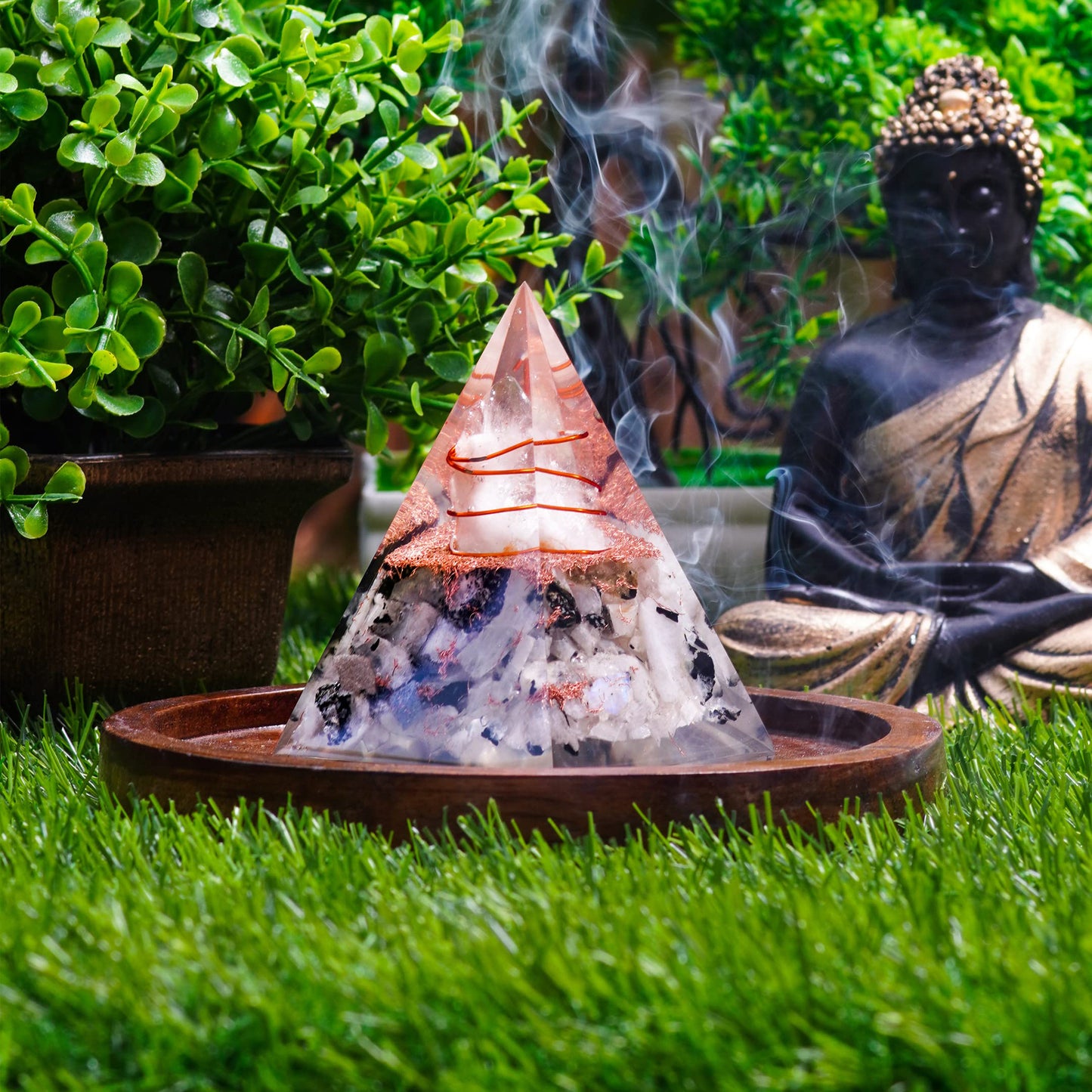 Inspirational Orgonite Pyramid for Positivity | Rainbow Moonstone Orgone Pyramid for Strength – Meditation - Yoga - Reiki - Healing Crystal Gemstone Pyramid
