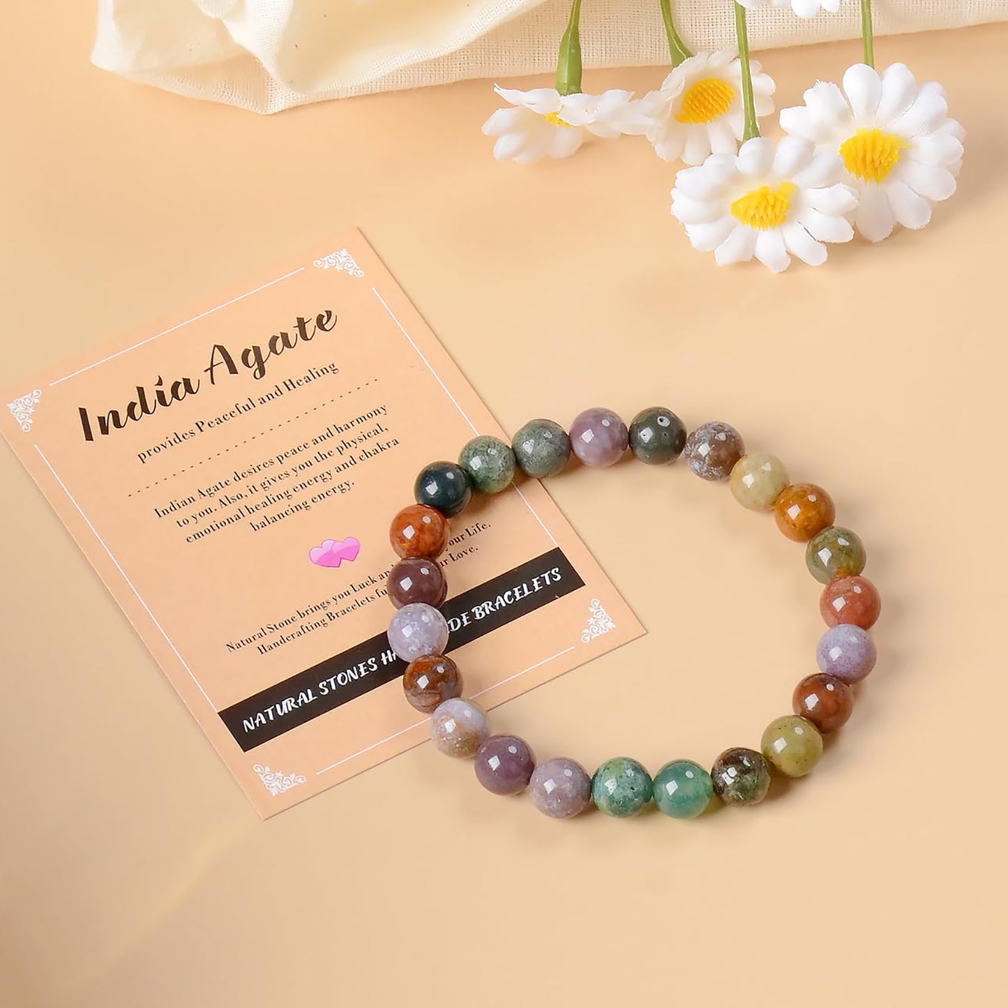 AD Beads Handmade Gemstone Stretch Elastic Bracelet Crystal Healing  Beauty and Spiritual Essence Unisex (4mm, Indian Agate)