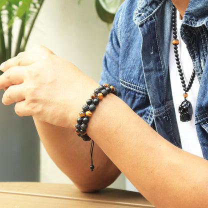 Triple Protection Bracelet for Men Women, Genuine Premium Tiger Eye Black Onyx and Lava Rock 8mm Handmade Bead Bracelet Healing Crystal Protection Bracelet Bring Luck and Prosperity and Happiness