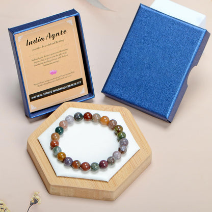 AD Beads Handmade Gemstone Stretch Elastic Bracelet Crystal Healing  Beauty and Spiritual Essence Unisex (4mm, Indian Agate)