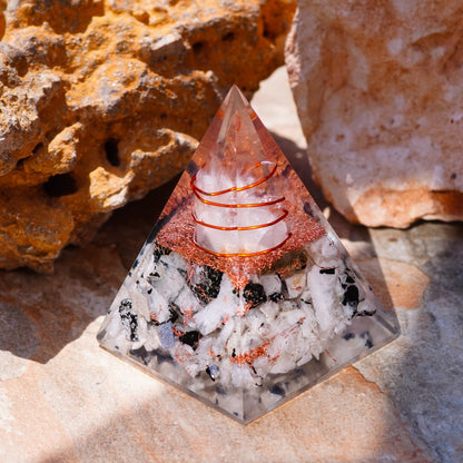 Inspirational Orgonite Pyramid for Positivity | Rainbow Moonstone Orgone Pyramid for Strength – Meditation - Yoga - Reiki - Healing Crystal Gemstone Pyramid