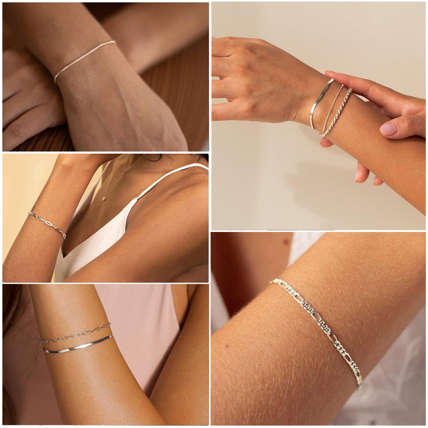 Bracelets for Women Trendy, 925 Sterling Silver Jewelry Set for Women Bracelets for Women Paperclip Box Herringbone Figaro Rope Chain Bracelet Fashion Pack Gifts for Women