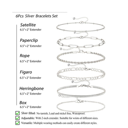 Bracelets for Women Trendy, 925 Sterling Silver Jewelry Set for Women Bracelets for Women Paperclip Box Herringbone Figaro Rope Chain Bracelet Fashion Pack Gifts for Women