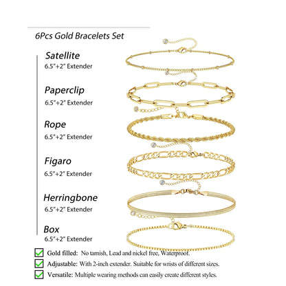 Bracelets for Women Trendy, 925 Sterling Silver Jewelry Set for Women Bracelets for Women Paperclip Box Herringbone Figaro Rope Chain Bracelet Fashion Pack Gifts for Women