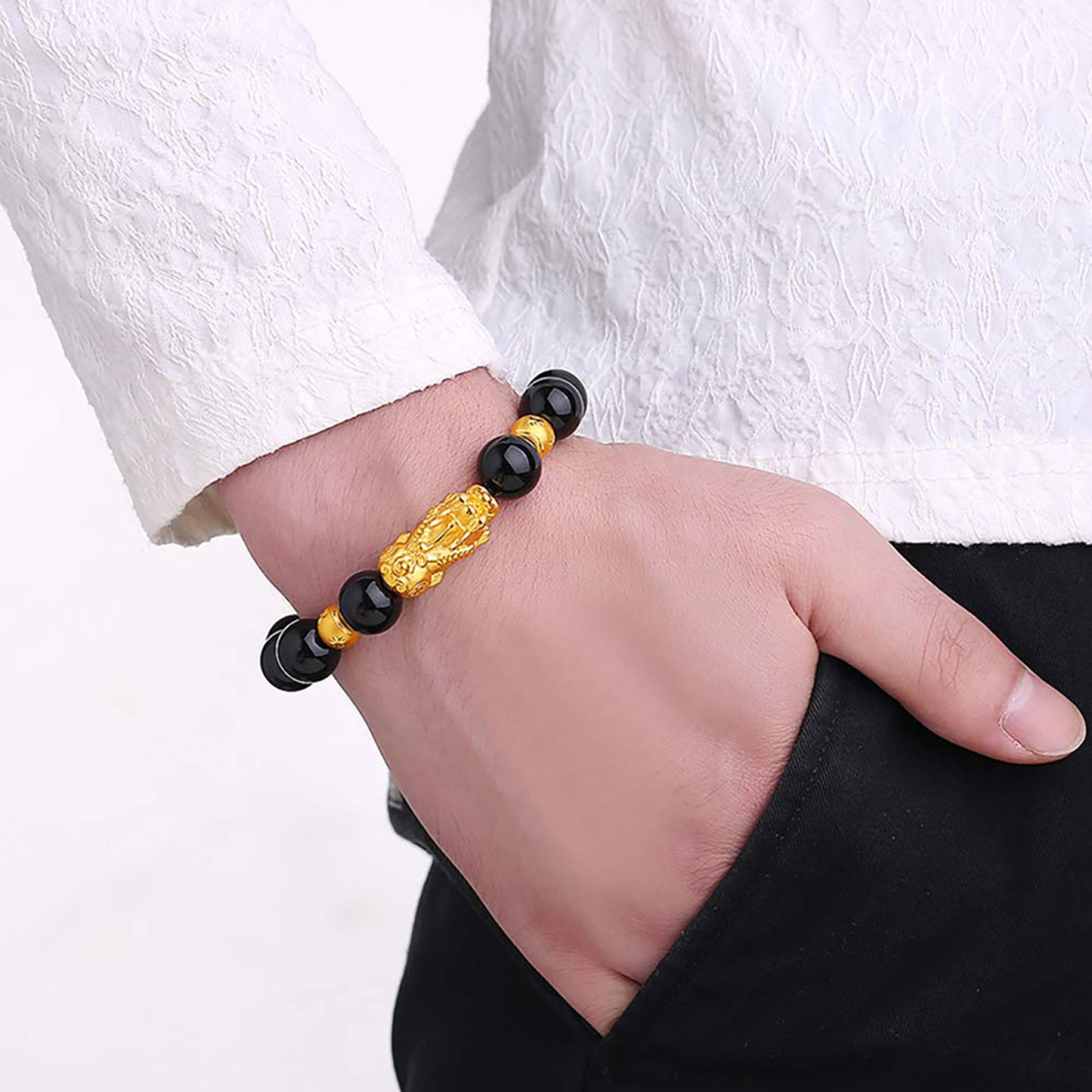 Feng Shui Good Luck Bracelets for Men Women Obsidian Bead Dragon Lucky Charm Bracelet Pixiu Pi Yao Attract Wealth Money Feng Shui Jewelry 3pcs/set