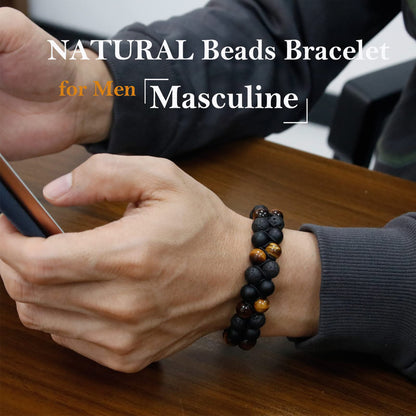 Triple Protection Bracelet for Men Women, Genuine Premium Tiger Eye Black Onyx and Lava Rock 8mm Handmade Bead Bracelet Healing Crystal Protection Bracelet Bring Luck and Prosperity and Happiness