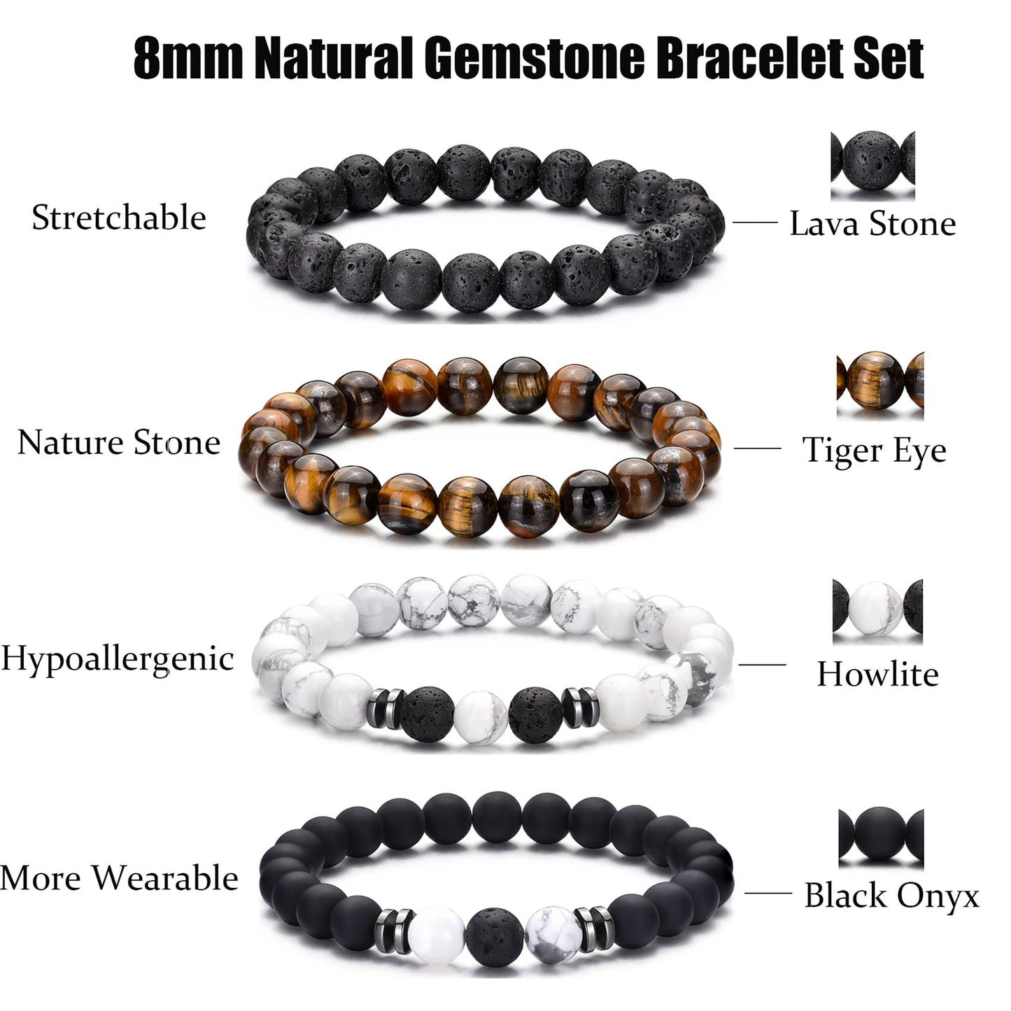 4pcs Tiger Eye Bracelet For Men 8MM Natural Stone Stretch Adjustable Black Crystal Beaded Bracelet for Men Women Gifts