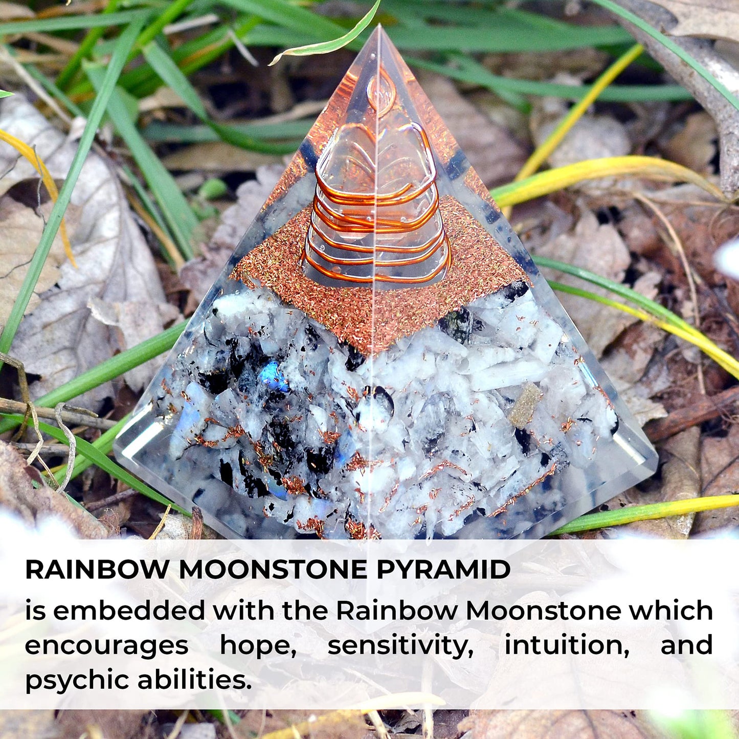 Inspirational Orgonite Pyramid for Positivity | Rainbow Moonstone Orgone Pyramid for Strength – Meditation - Yoga - Reiki - Healing Crystal Gemstone Pyramid