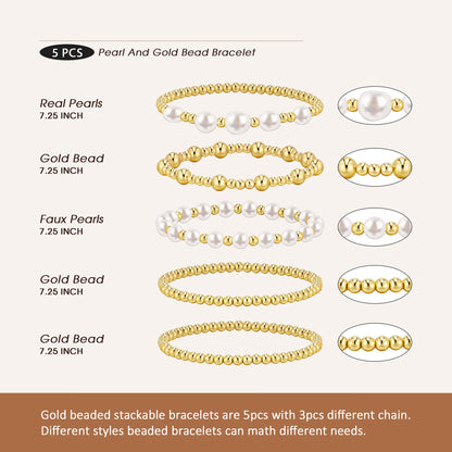 Gold/Silver Bracelets for Women Beaded Bracelet 14K Gold Plated Bracelet Stack Strand Stretch Bead Ball Bracelet Set Stackable Bracelet Adjustable Bracelet Set Jewelry for Gifts