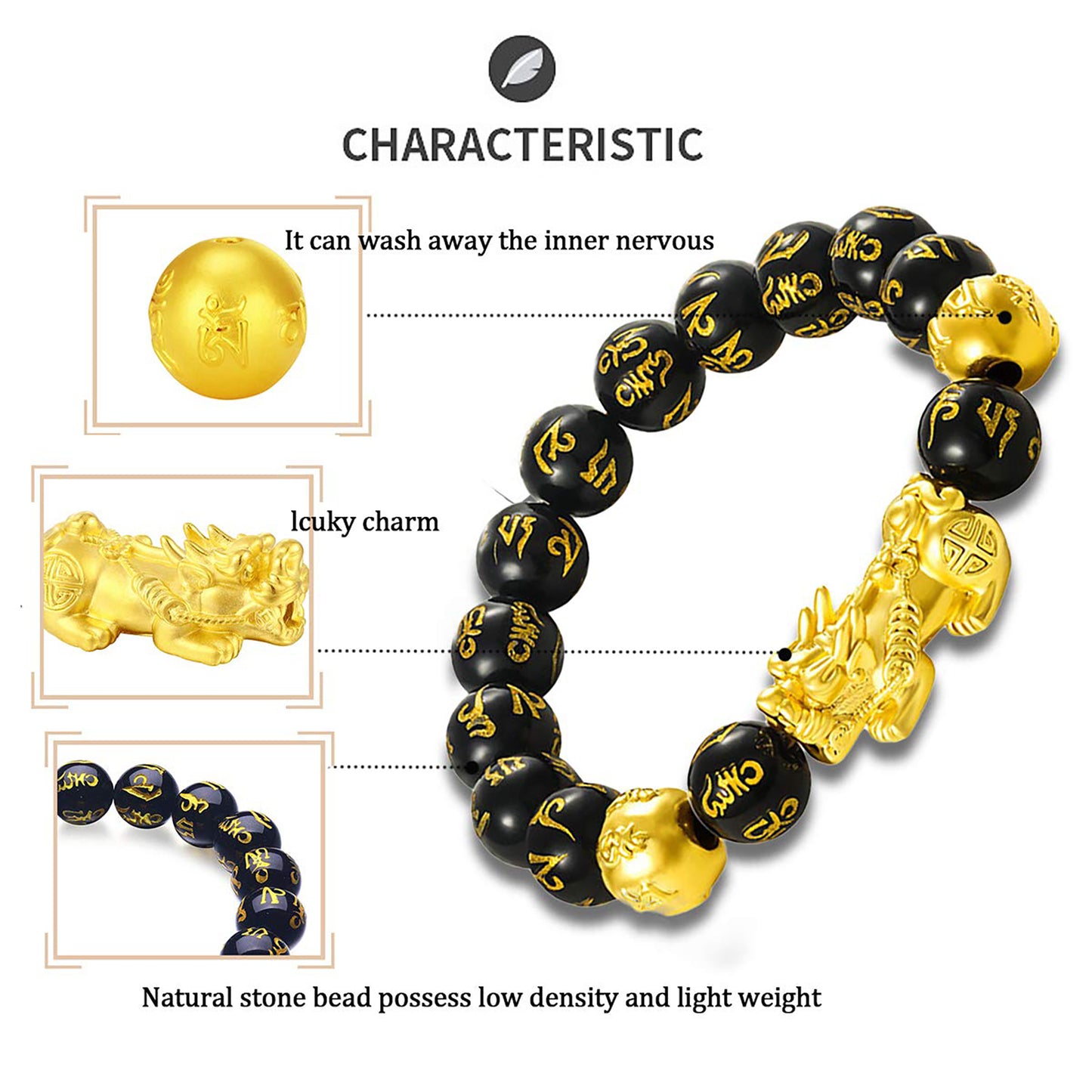 Feng Shui Good Luck Bracelets for Men Women Obsidian Bead Dragon Lucky Charm Bracelet Pixiu Pi Yao Attract Wealth Money Feng Shui Jewelry 3pcs/set