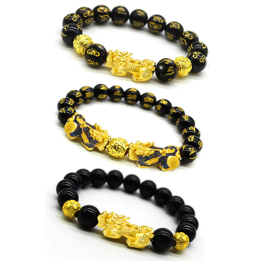 Feng Shui Good Luck Bracelets for Men Women Obsidian Bead Dragon Lucky Charm Bracelet Pixiu Pi Yao Attract Wealth Money Feng Shui Jewelry 3pcs/set