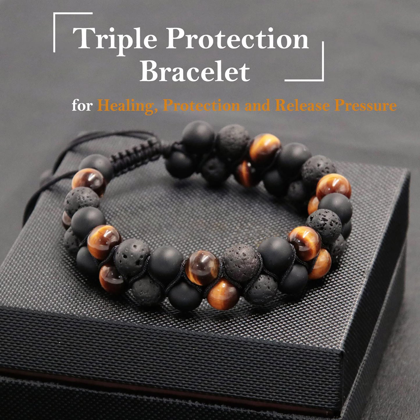 Triple Protection Bracelet for Men Women, Genuine Premium Tiger Eye Black Onyx and Lava Rock 8mm Handmade Bead Bracelet Healing Crystal Protection Bracelet Bring Luck and Prosperity and Happiness