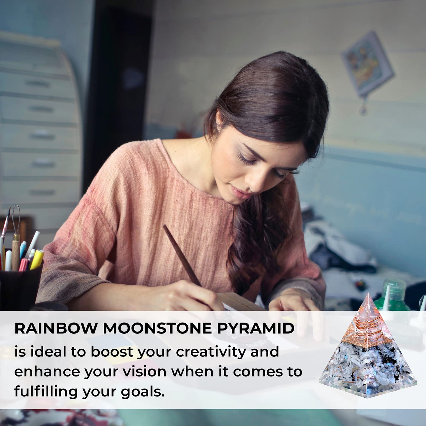 Inspirational Orgonite Pyramid for Positivity | Rainbow Moonstone Orgone Pyramid for Strength – Meditation - Yoga - Reiki - Healing Crystal Gemstone Pyramid
