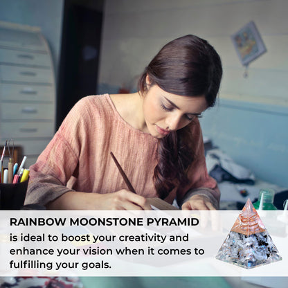 Inspirational Orgonite Pyramid for Positivity | Rainbow Moonstone Orgone Pyramid for Strength – Meditation - Yoga - Reiki - Healing Crystal Gemstone Pyramid