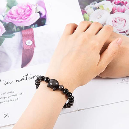 Money Attraction Cat Bracelet - Black Obsidian Women Bracelets -Wealth Prosperity Abundance Stone Bead Bracelet, Entrepreneur Business Luck Beaded Bracelets,Good Luck Feng Shui Bracelets For Women Gifts For Women