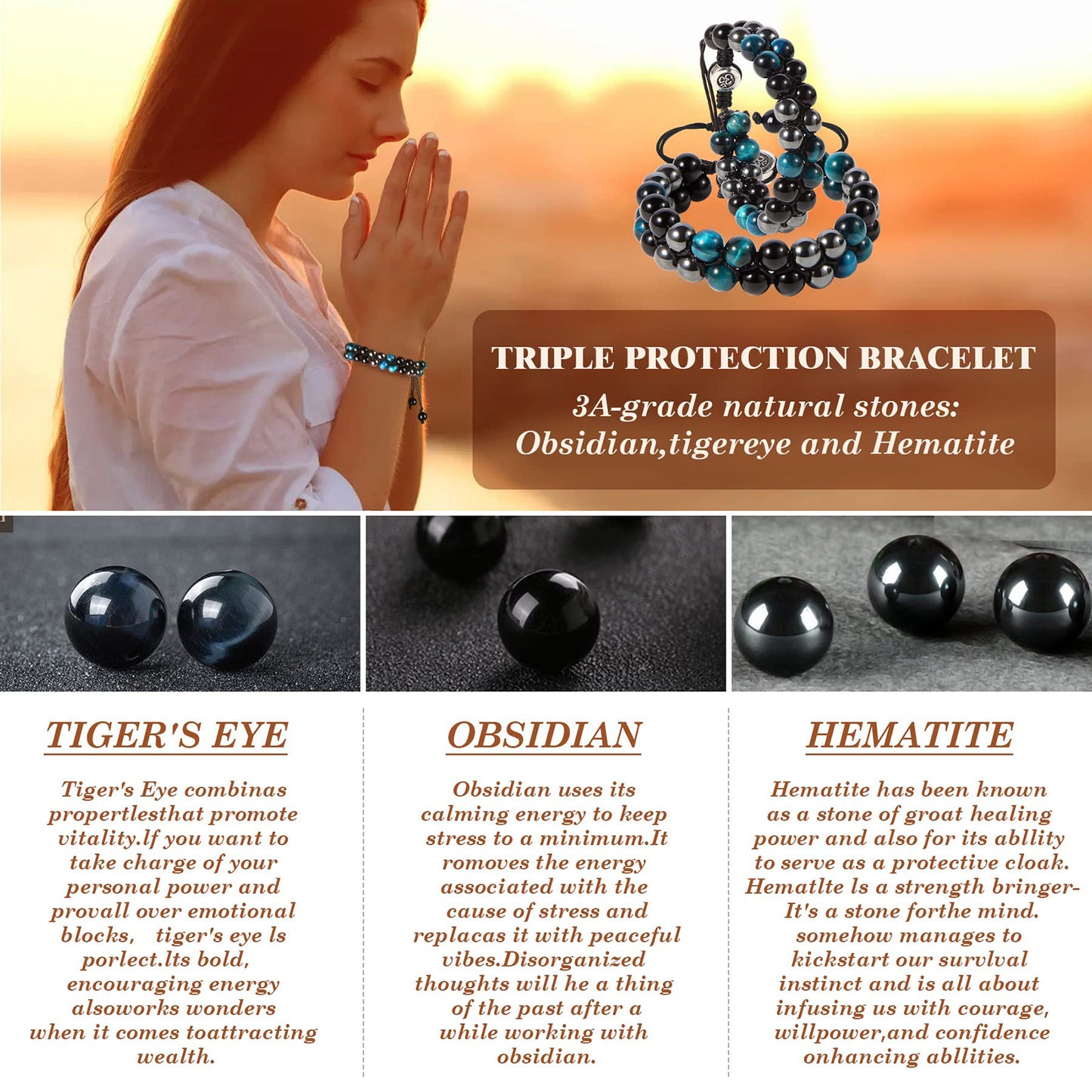 Triple Protection Bracelet - for Protect & Balance - Energy Crystal Bracelets for Men Women - Bring Good Luck & Prosperity - Tiger Eye Hematite & Black Obsidian Jewelry Natural Stone Healing Bracelet