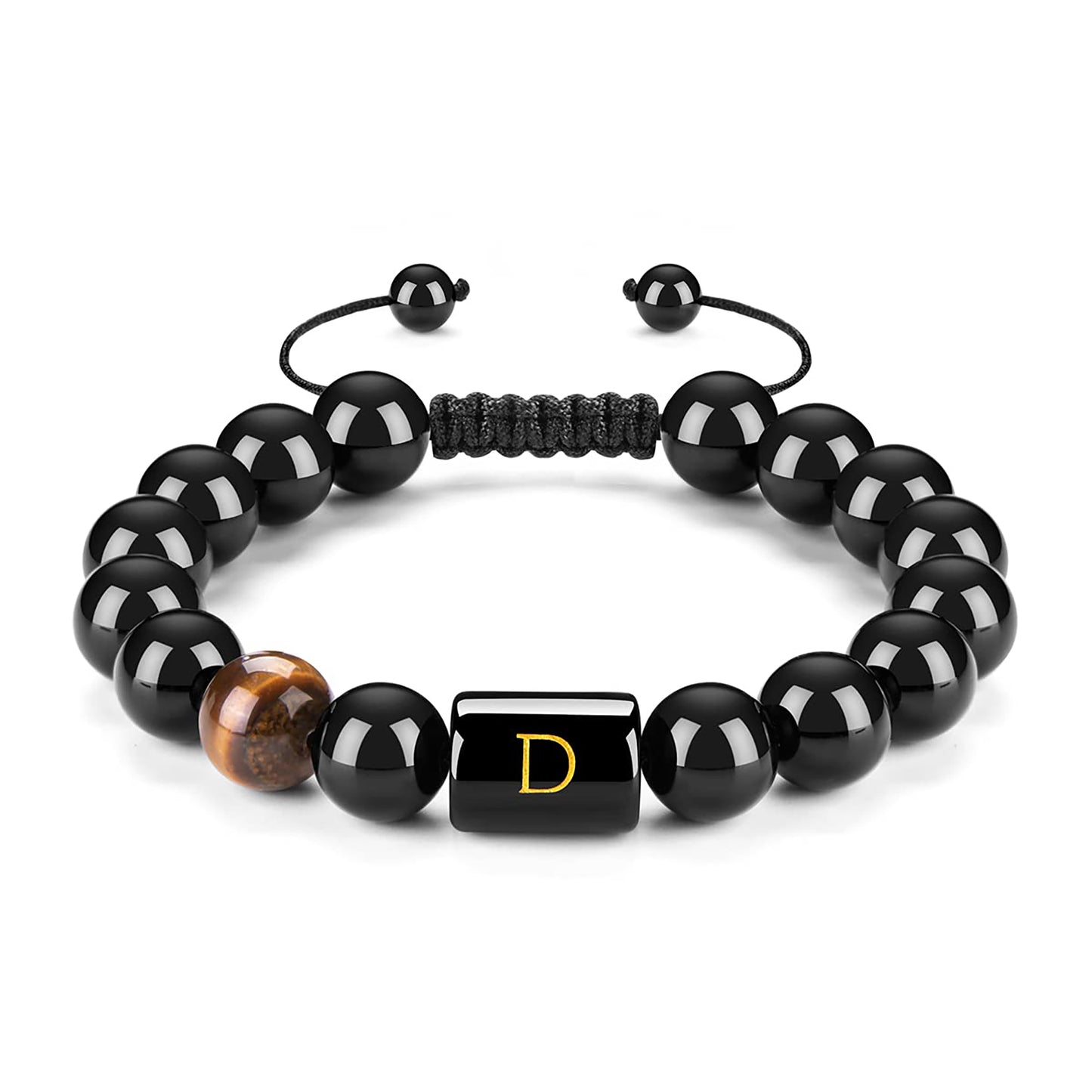 Initials Bracelets for Men Letter Link Handmade Natural Black Onyx Tiger Eye Stone Beads Braided Rope Meaningful Bracelet