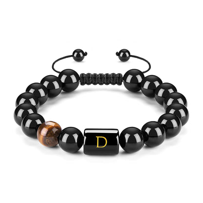 Initials Bracelets for Men Letter Link Handmade Natural Black Onyx Tiger Eye Stone Beads Braided Rope Meaningful Bracelet