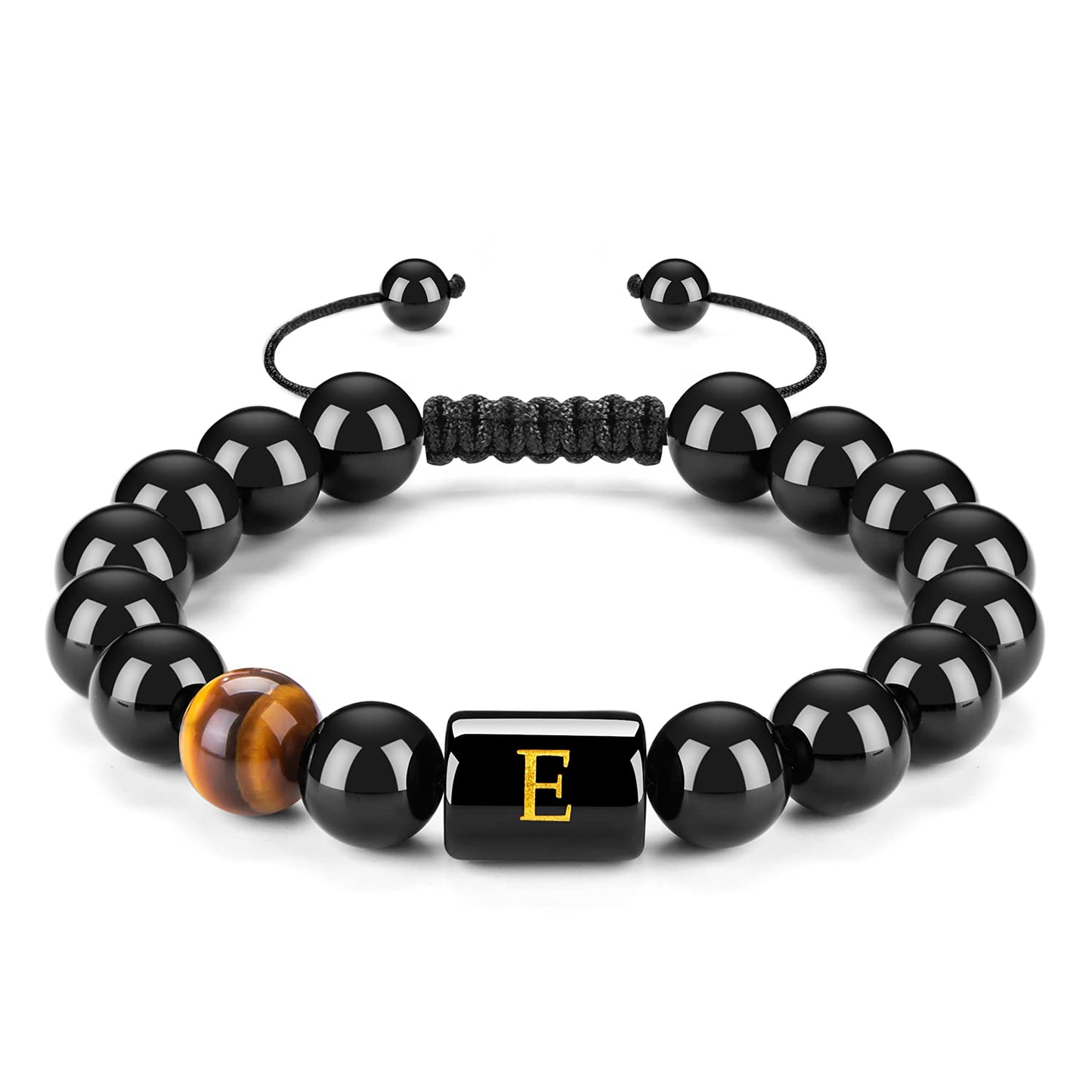 Initials Bracelets for Men Letter Link Handmade Natural Black Onyx Tiger Eye Stone Beads Braided Rope Meaningful Bracelet