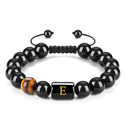 Initials Bracelets for Men Letter Link Handmade Natural Black Onyx Tiger Eye Stone Beads Braided Rope Meaningful Bracelet