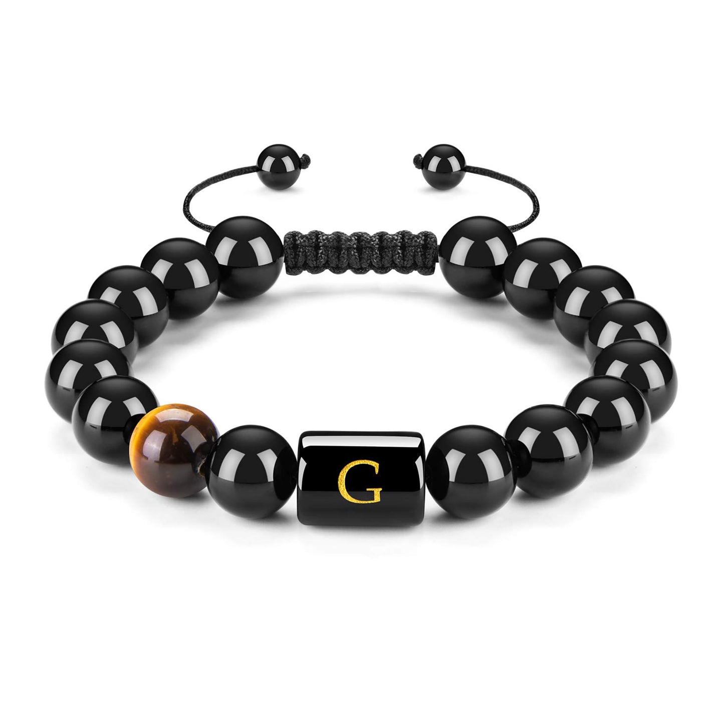 Initials Bracelets for Men Letter Link Handmade Natural Black Onyx Tiger Eye Stone Beads Braided Rope Meaningful Bracelet