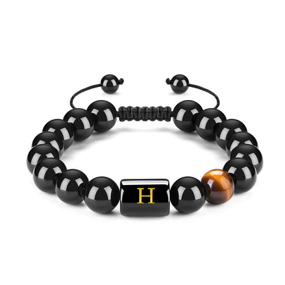 Initials Bracelets for Men Letter Link Handmade Natural Black Onyx Tiger Eye Stone Beads Braided Rope Meaningful Bracelet