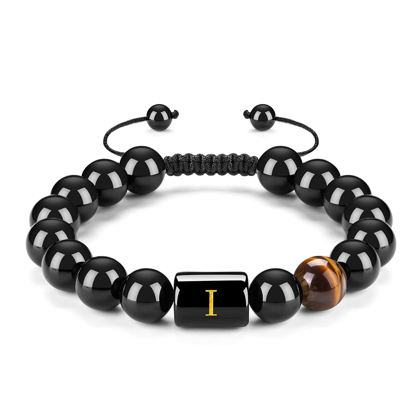 Initials Bracelets for Men Letter Link Handmade Natural Black Onyx Tiger Eye Stone Beads Braided Rope Meaningful Bracelet