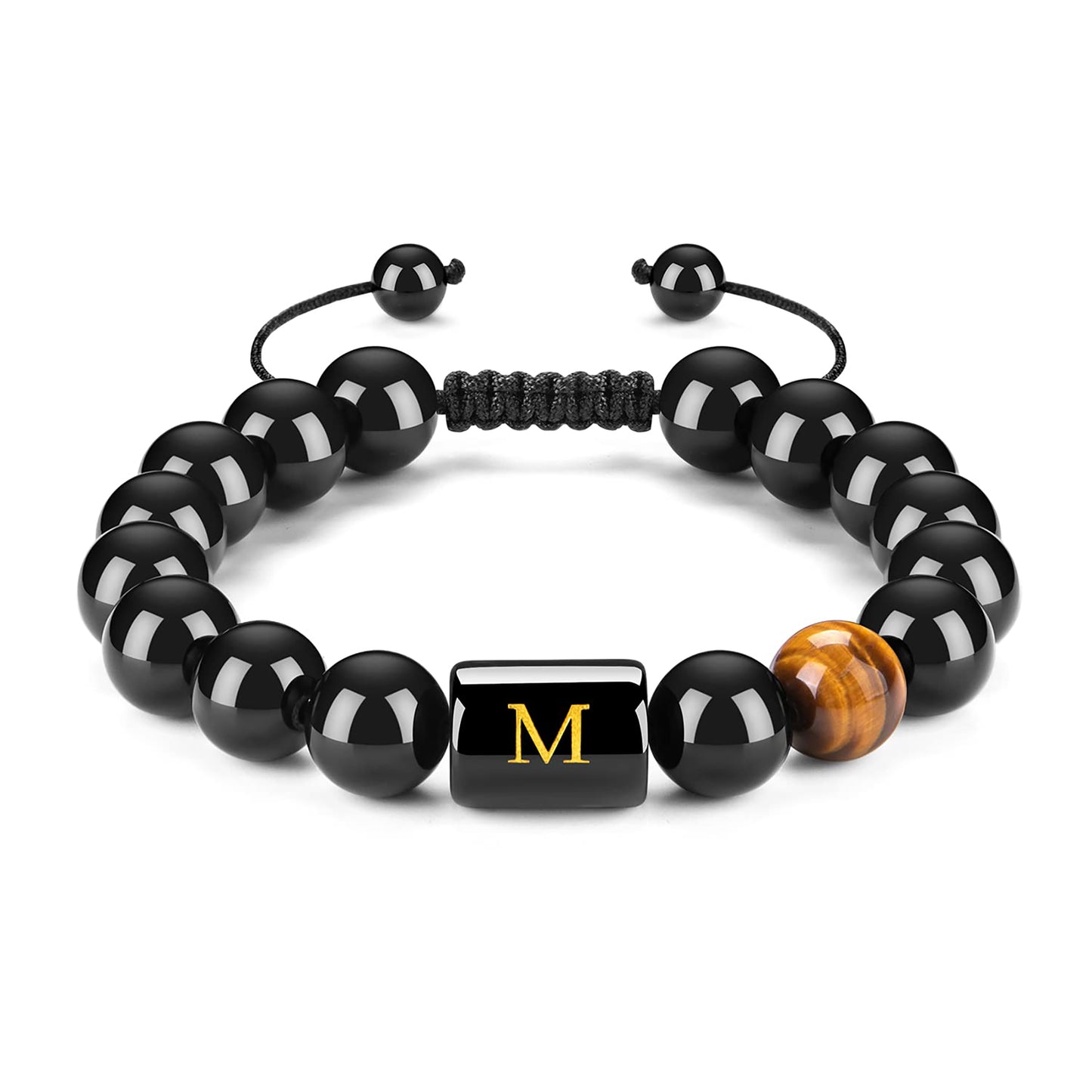 Initials Bracelets for Men Letter Link Handmade Natural Black Onyx Tiger Eye Stone Beads Braided Rope Meaningful Bracelet