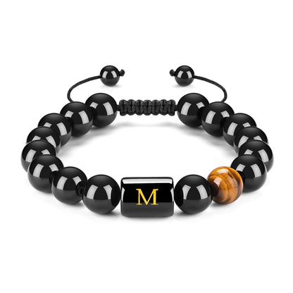Initials Bracelets for Men Letter Link Handmade Natural Black Onyx Tiger Eye Stone Beads Braided Rope Meaningful Bracelet