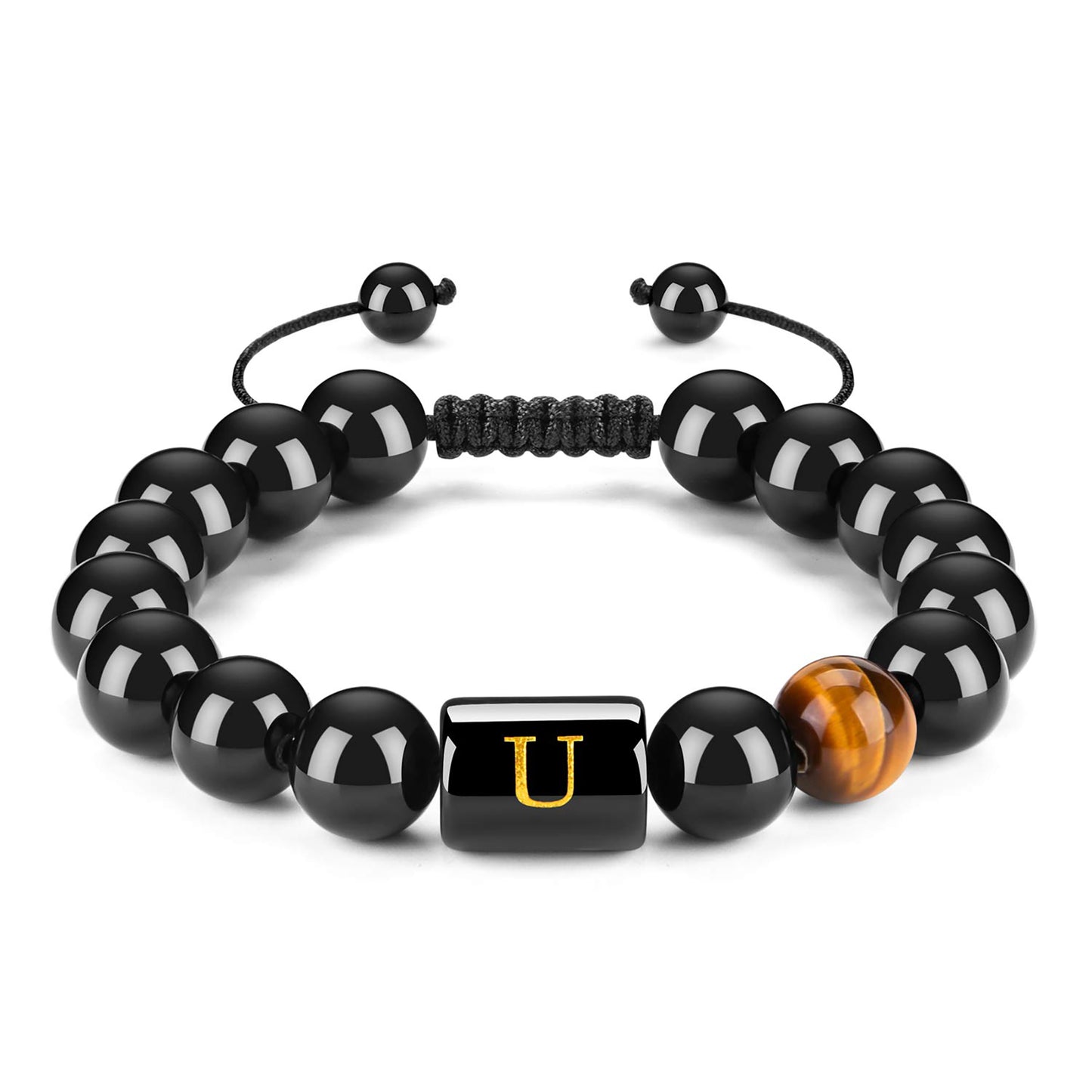 Initials Bracelets for Men Letter Link Handmade Natural Black Onyx Tiger Eye Stone Beads Braided Rope Meaningful Bracelet