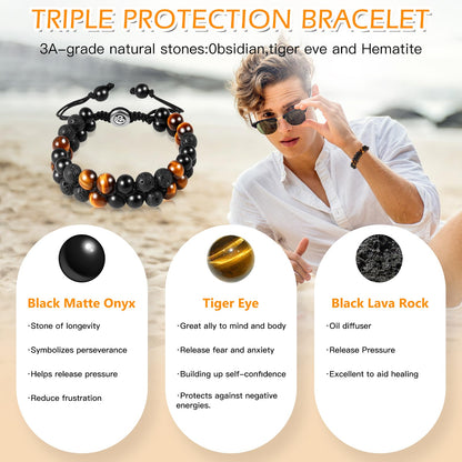 Triple Protection Bracelet - for Protect & Balance - Energy Crystal Bracelets for Men Women - Bring Good Luck & Prosperity - Tiger Eye Hematite & Black Obsidian Jewelry Natural Stone Healing Bracelet