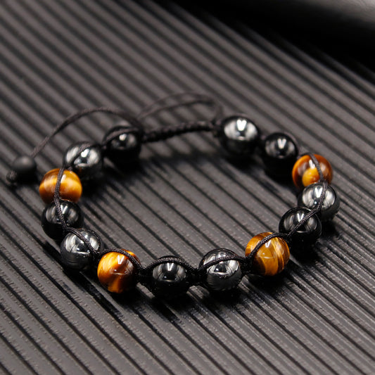 Triple Protection Bracelet for Women Men, 10mm Crystal Beads Bracelet Handmade with Real Tiger Eye Black Obsidian and Hematite, Natural Crystal Bracelet Mens Christmas Gift for Protection and Balance